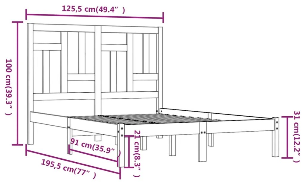 vidaXL Πλαίσιο Κρεβατιού 120 x 190 εκ. από Μασίφ Ξύλο Small Double