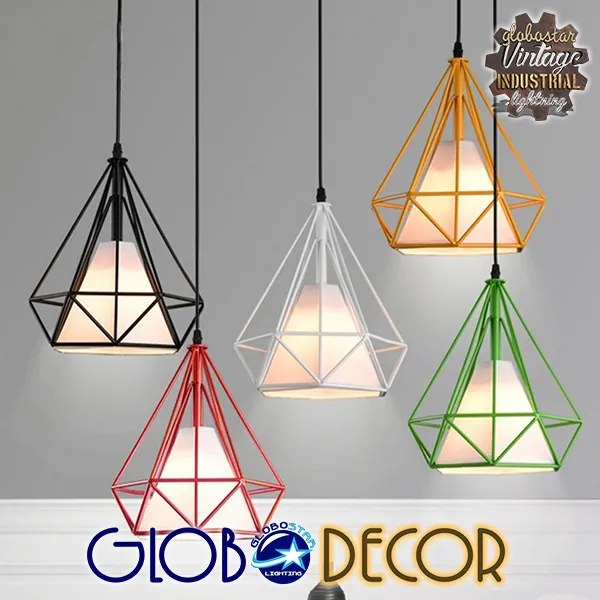 GloboStar® KAIRI 01620 Μοντέρνο Industrial Κρεμαστό Φωτιστικό Οροφής Μονόφωτο 1 x E27 Κόκκινο με Άσπρο Ύφασμα Μεταλλικό Πλέγμα Φ38 x Υ39cm