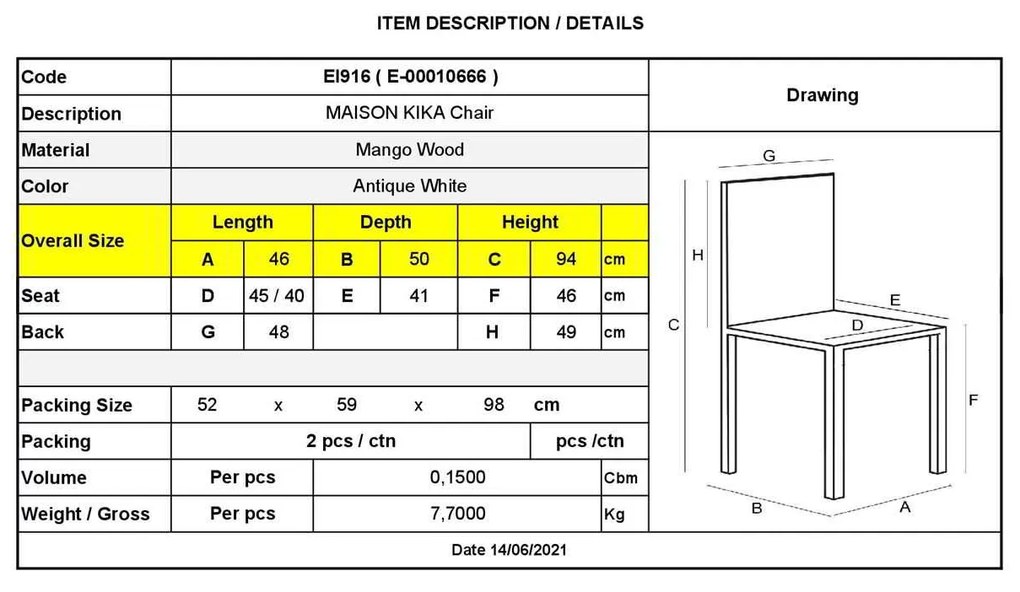 Καρέκλα Maison Kika Antique Λευκό 46x50x94cm