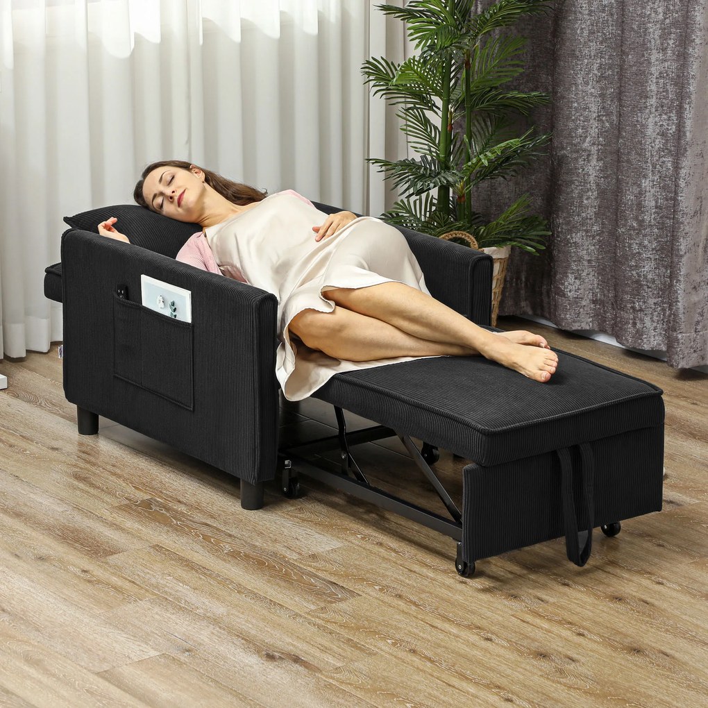 Πολυθρόνα-κρεβάτι HOMCOM, ρυθμιζόμενη, 3 θέσεις, κάλυμμα κοτλέ, έως 120 kg, μαύρο