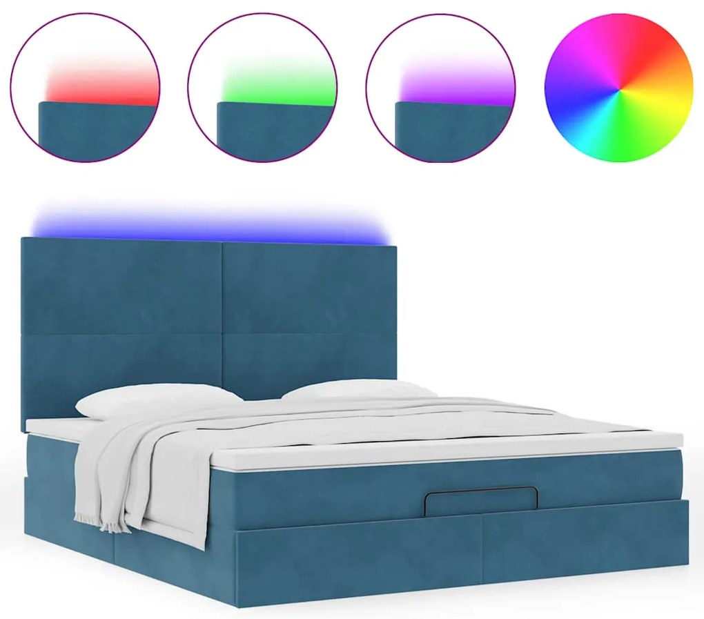 vidaXL Οθωμανικό κρεβάτι με στρώματα & LEDs Σκούρο μπλε Βελούδο