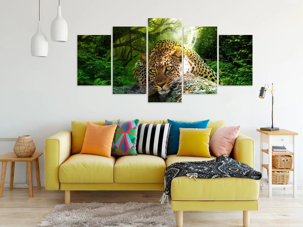 Πίνακας - Leopard Lying (5 Parts) Wide Green 200x100