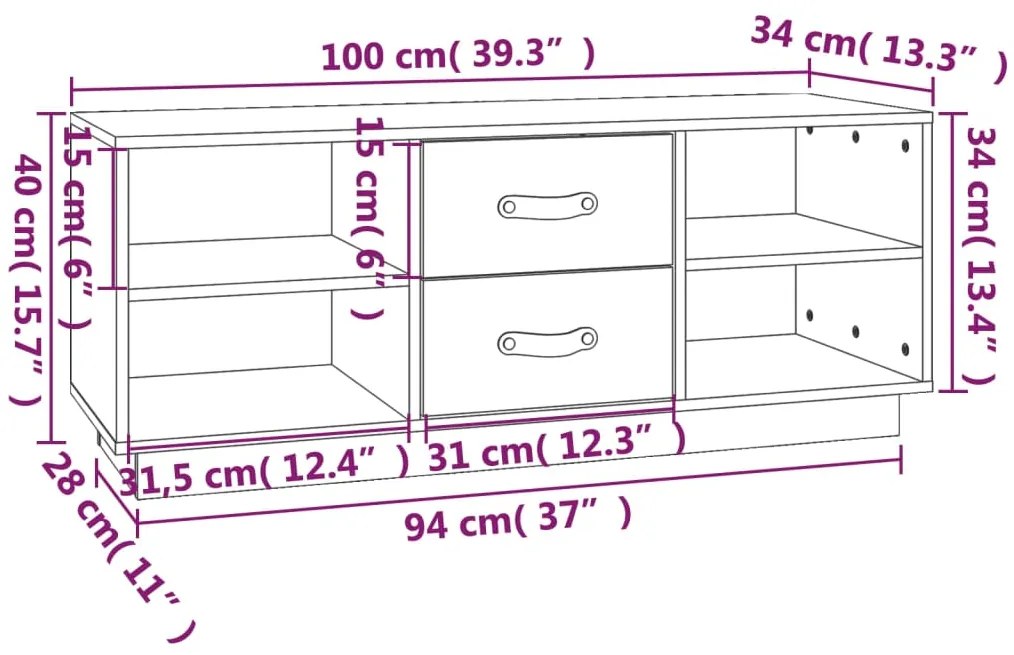 Έπιπλο Τηλεόρασης Μαύρο 100 x 34 x 40 εκ. από Μασίφ Ξύλο Πεύκου - Μαύρο