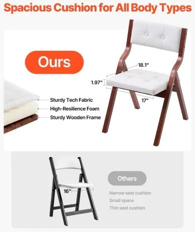 VEVOR Wooden Folding Chairs with Padded Cushion and Wooden Frame White Set of 2