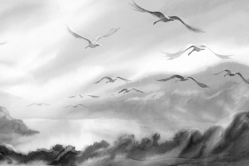 Εικόνα πουλιών που πετούν πάνω από το τοπίο σε ασπρόμαυρο - 90x60