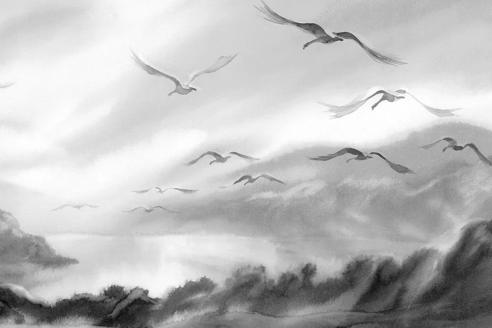 Εικόνα πουλιών που πετούν πάνω από το τοπίο σε ασπρόμαυρο