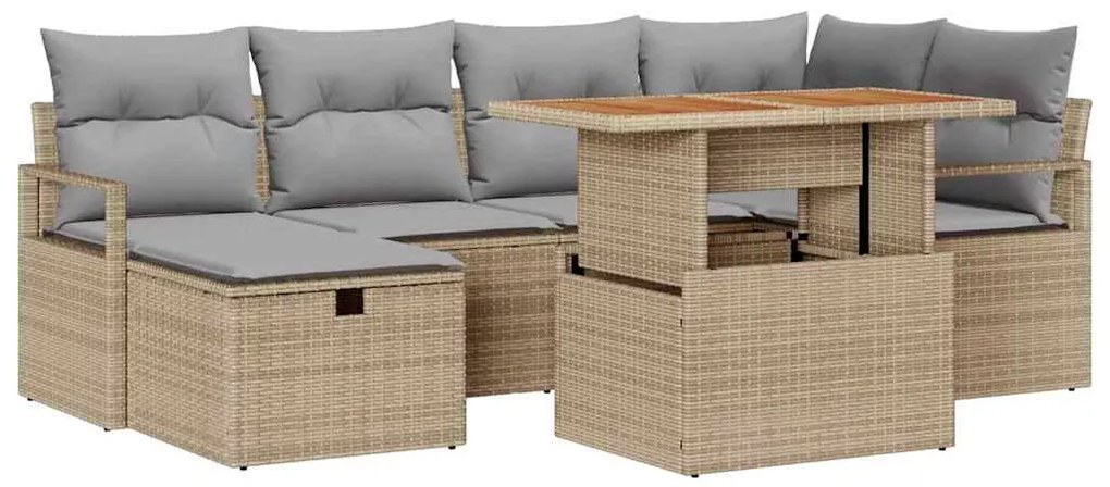 vidaXL Σετ Καναπέ Κήπου με μαξιλάρι 7 pcs Μπεζ Πολυ ράταν