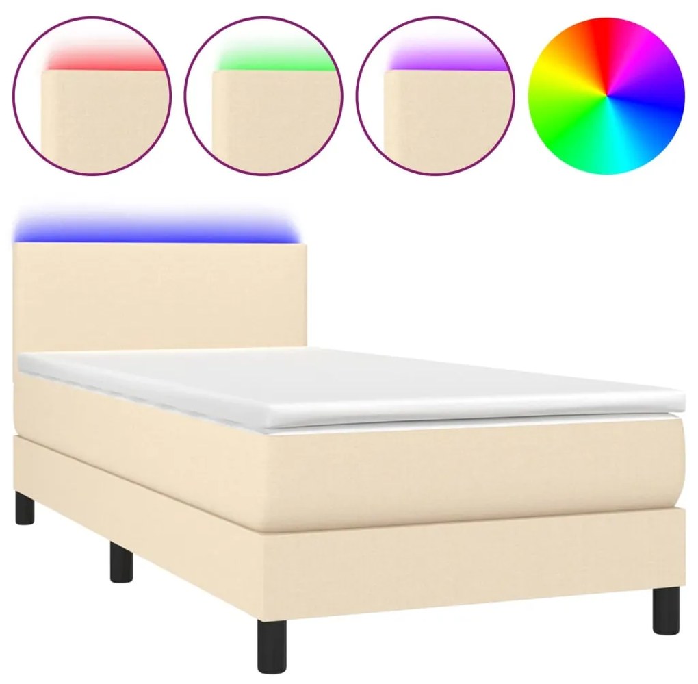 vidaXL Κρεβάτι Boxspring με Στρώμα & LED Κρεμ 100x200 εκ. Υφασμάτινο