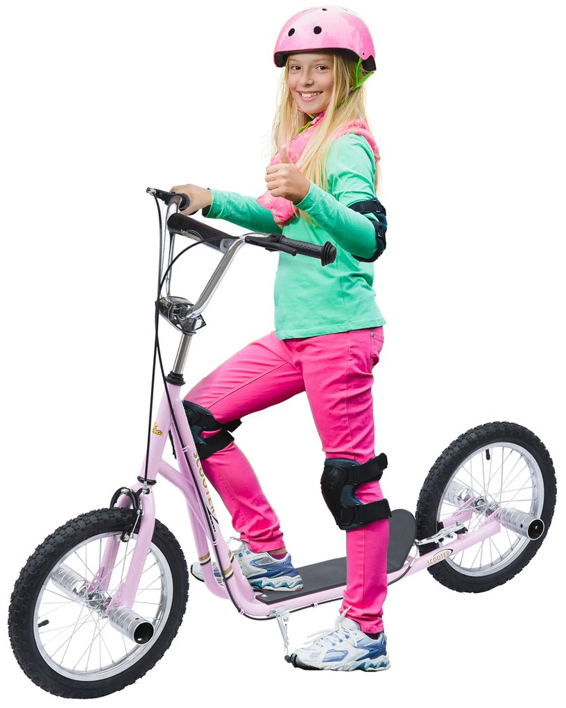 HOMCOM Παιδικό πατίνι με αεροτάπα, πατίνι πόλης, 16 ιντσών, από 5 ετών, ρυθμιζόμενο ύψος, ροζ, 143 x 58 x 92-100 cm