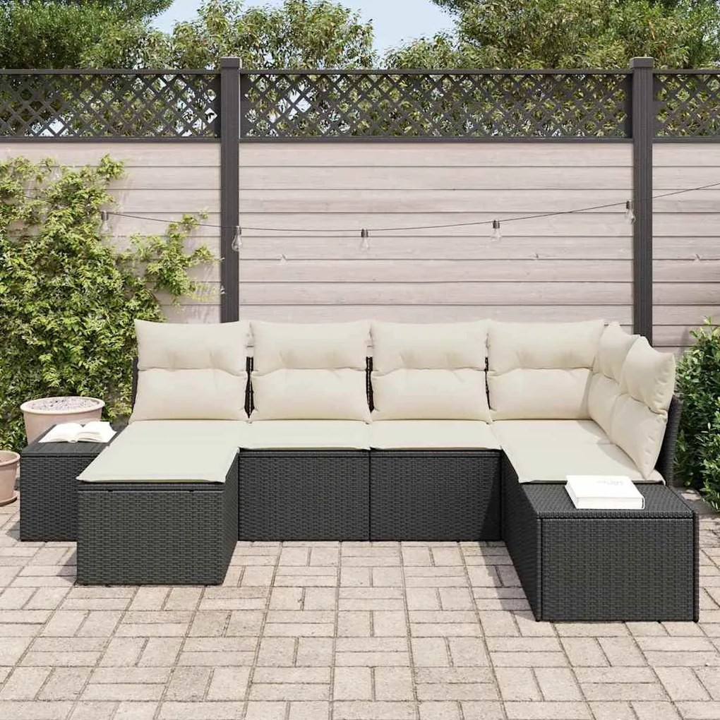 vidaXL Σετ Καναπέ Κήπου με μαξιλάρι 6 pcs Μαύρο και Κρέμα Πολυ ράταν