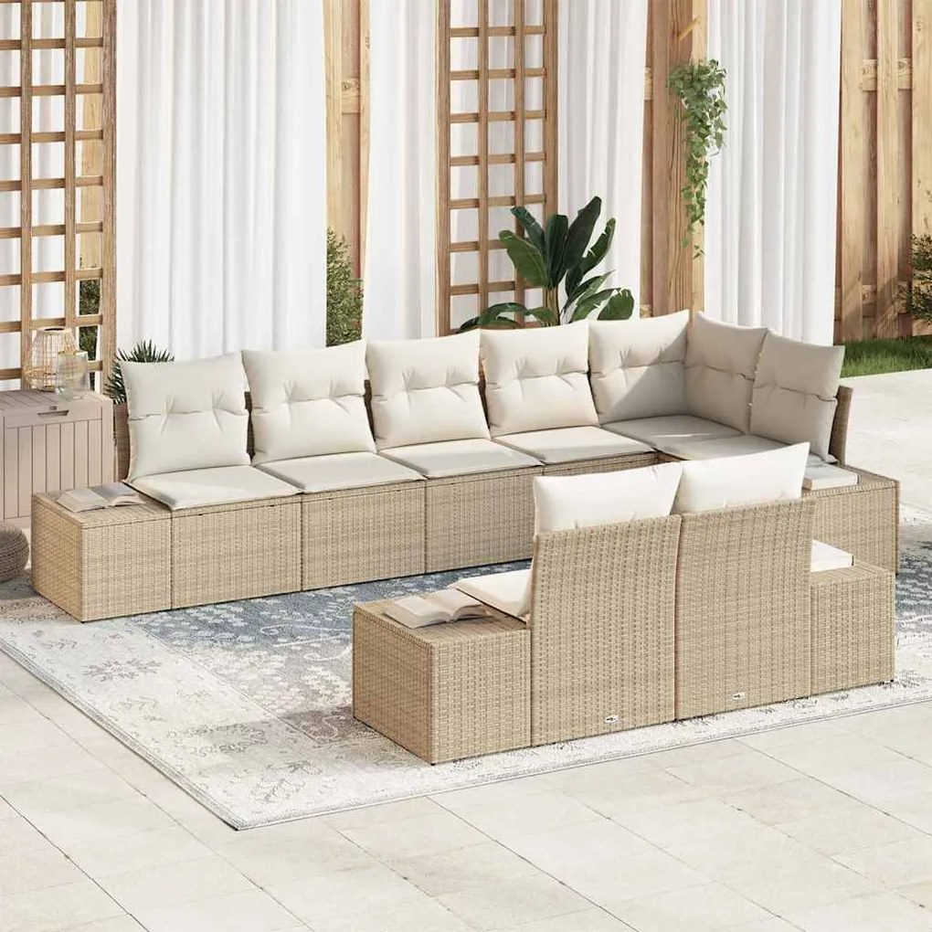 vidaXL Σετ Καναπέ Κήπου με μαξιλάρι 8 pcs Μπεζ και κρεμ Πολυ ράταν