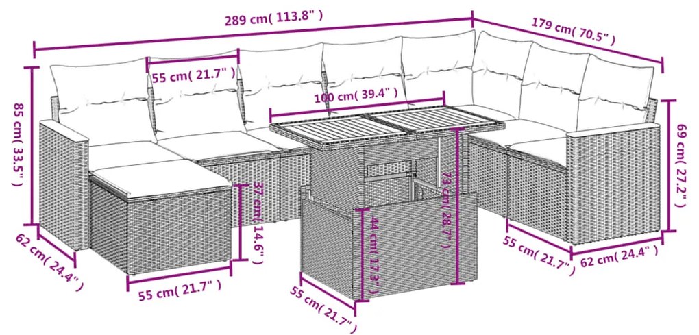 vidaXL Σαλόνι Κήπου Σετ 9 τεμ. Μπεζ Συνθετικό Ρατάν με Μαξιλάρια