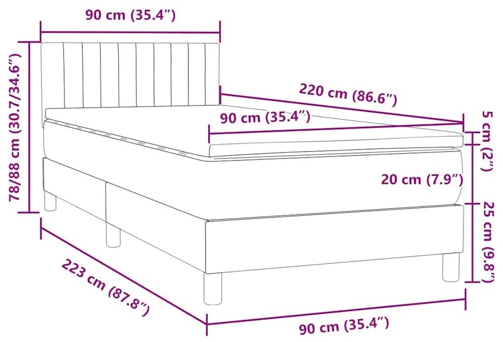 Κρεβάτι Boxspring με Στρώμα Μαύρο 90x220 εκ. Βελούδινο - Μαύρο