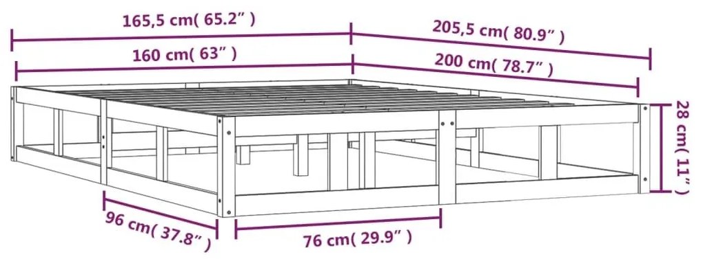 Πλαίσιο Κρεβατιού Μαύρο 160 x 200 εκ. από Μασίφ Ξύλο - Μαύρο