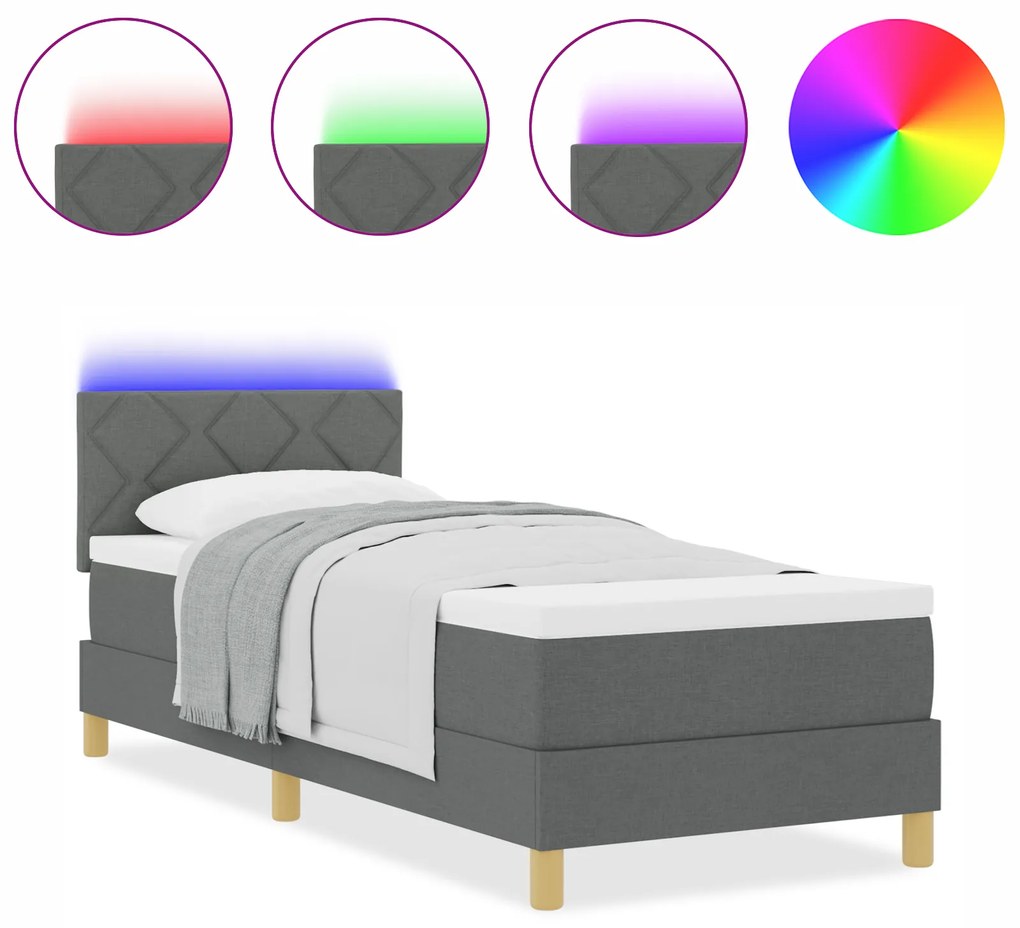vidaXL Κρεβάτι με Στρατηγό με Στρώμα & LED Σκούρο Γκρι 80x200 εκ. Ύφασμα