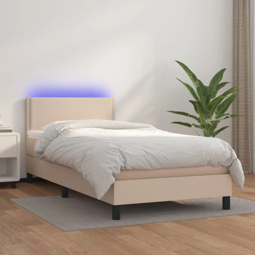 vidaXL Κρεβάτι Boxspring Στρώμα&amp;LED Καπουτσίνο 90x190 εκ. Συνθ. Δέρμα