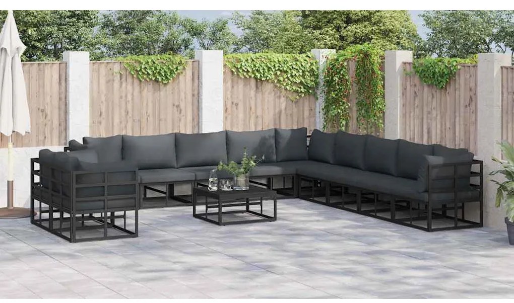 vidaXL Σετ Καναπέ Κήπου με μαξιλάρι 12 pcs Μαύρο Αλουμίνιο