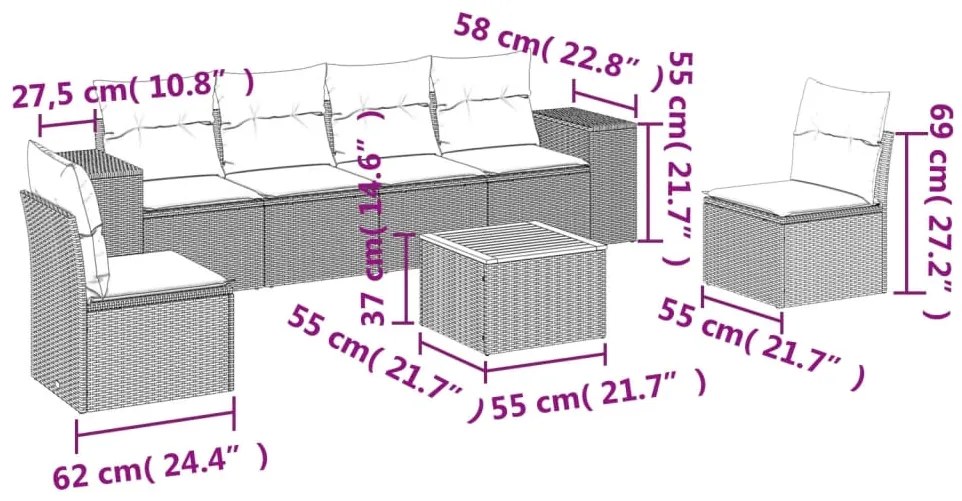 vidaXL Καναπές Σετ 7 Τεμαχίων Μαύρο Συνθετικό Ρατάν με Μαξιλάρια