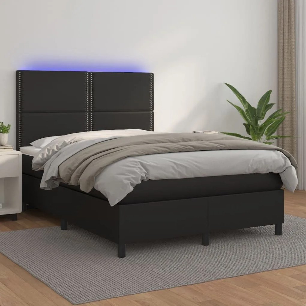 Κρεβάτι Boxspring με Στρώμα &amp; LED Μαύρο 140x200 εκ. Συνθ. Δέρμα - Μαύρο