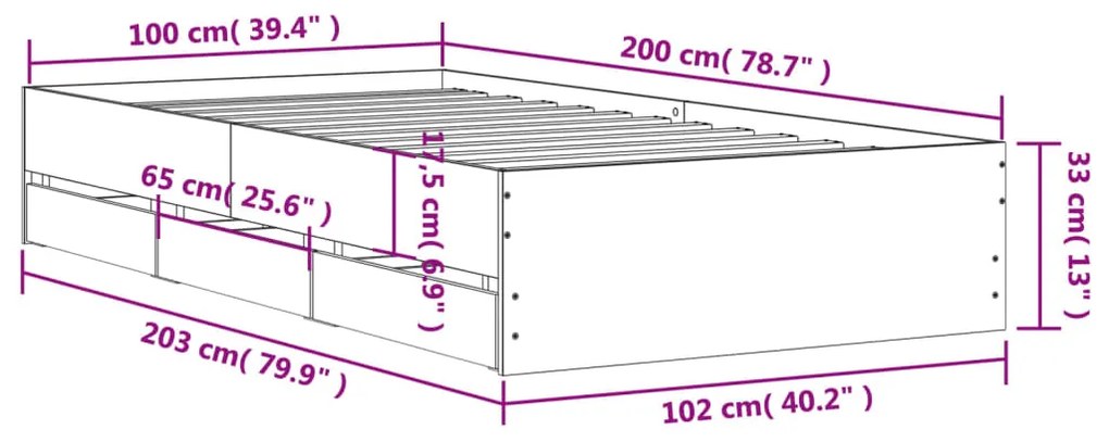 Πλαίσιο Κρεβατιού με συρτάρια Γκρι sonoma 100x200εκ. Επεξ. Ξύλο - Γκρι