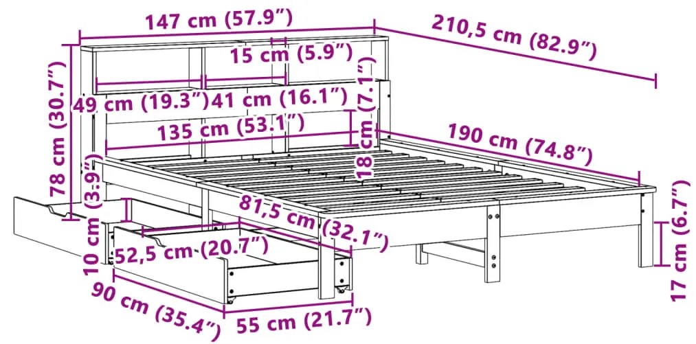 Κρεβάτι Βιβλιοθήκη Χωρίς Στρώμα 135x190 εκ Μασίφ Ξύλο Πεύκου - Καφέ