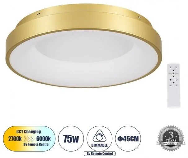 Πλαφονιέρα Φωτιστικό Οροφής Δαχτυλίδι LED CCT 75W 8625lm SALEM Globostar 61235 Χρυσό