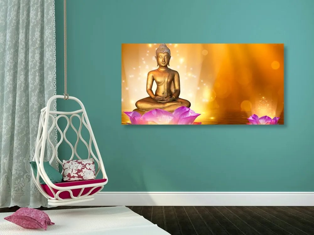 Εικόνα άγαλμα του Βούδα σε ένα λουλούδι λωτού - 100x50