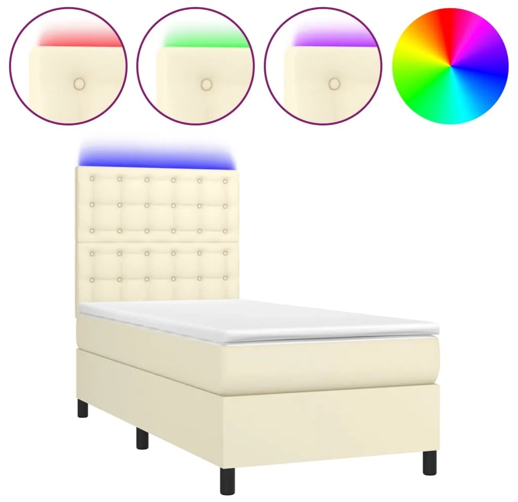 vidaXL Κρεβάτι Boxspring με Στρώμα & LED Κρεμ 90x200 εκ. Συνθ. Δέρμα