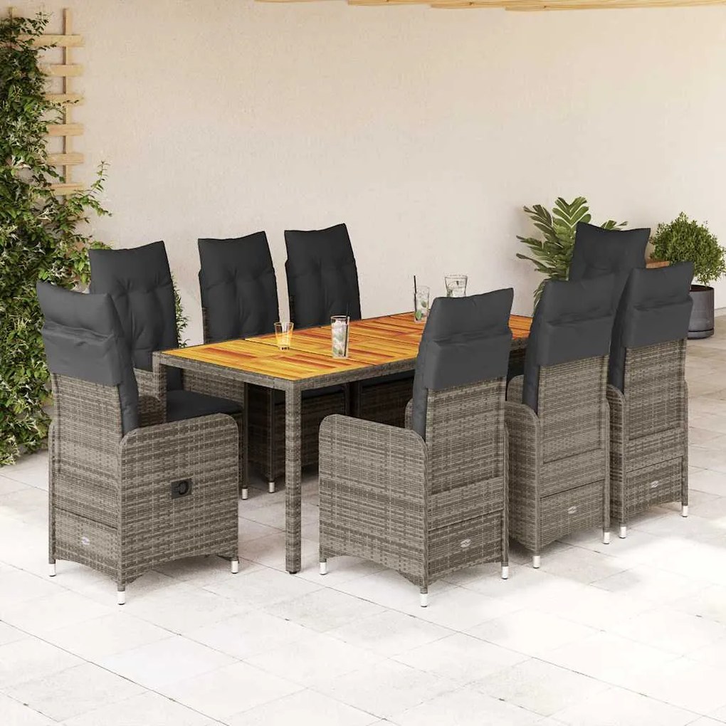 vidaXL Σετ Επίπλων Bistro Κήπου 9 τεμ. Γκρι Συνθετ. Ρατάν με Μαξιλάρια