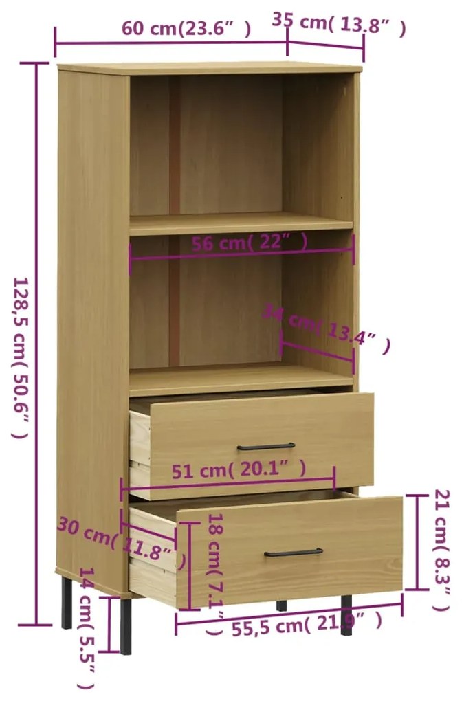 Βιβλιοθήκη OSLO με 2 Συρτάρια Καφέ 60x35x128,5 εκ. Μασίφ Ξύλο - Καφέ