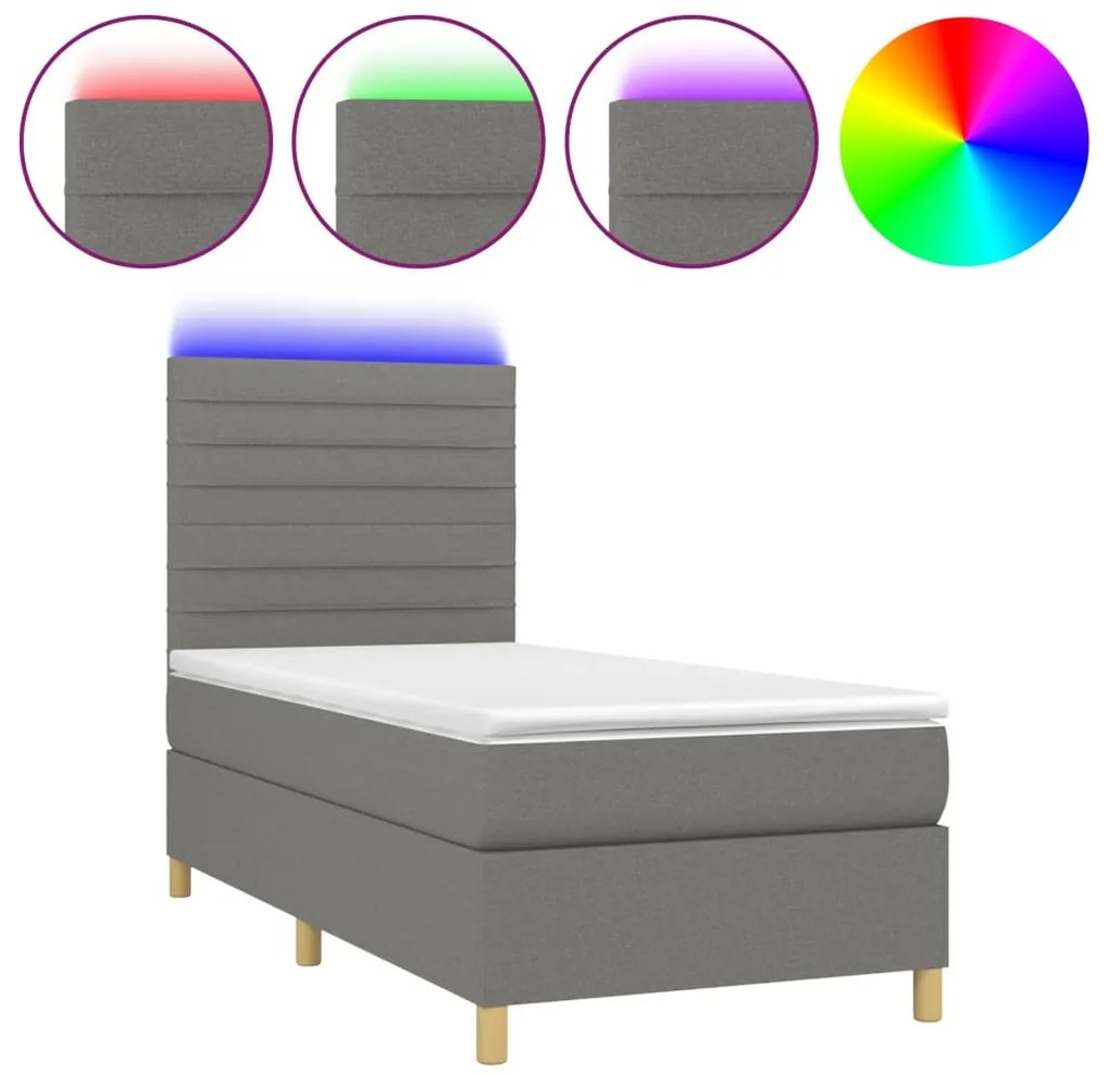 vidaXL Κρεβάτι Boxspring με Στρώμα &amp; LED Σκ.Γκρι 90x190 εκ. Υφασμάτινο