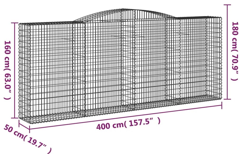 Συρματοκιβώτια Τοξωτά 9 τεμ. 400x50x160/180 εκ. Γαλβαν. Ατσάλι - Ασήμι