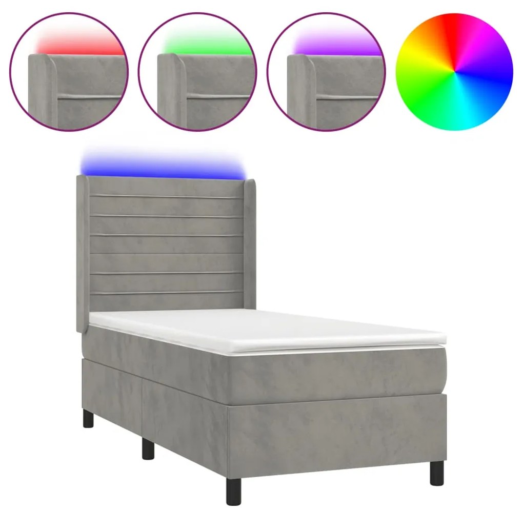 Κρεβάτι Boxspring με Στρώμα &amp; LED Αν.Γκρι 80x200 εκ. Βελούδινο - Γκρι