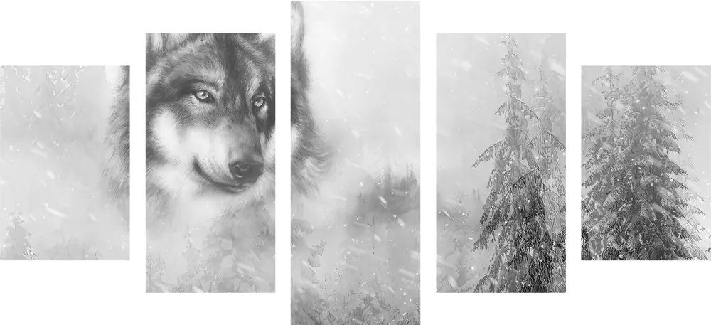 Εικόνα 5 μερών λύκος σε χιονισμένο τοπίο σε ασπρόμαυρο - 100x50