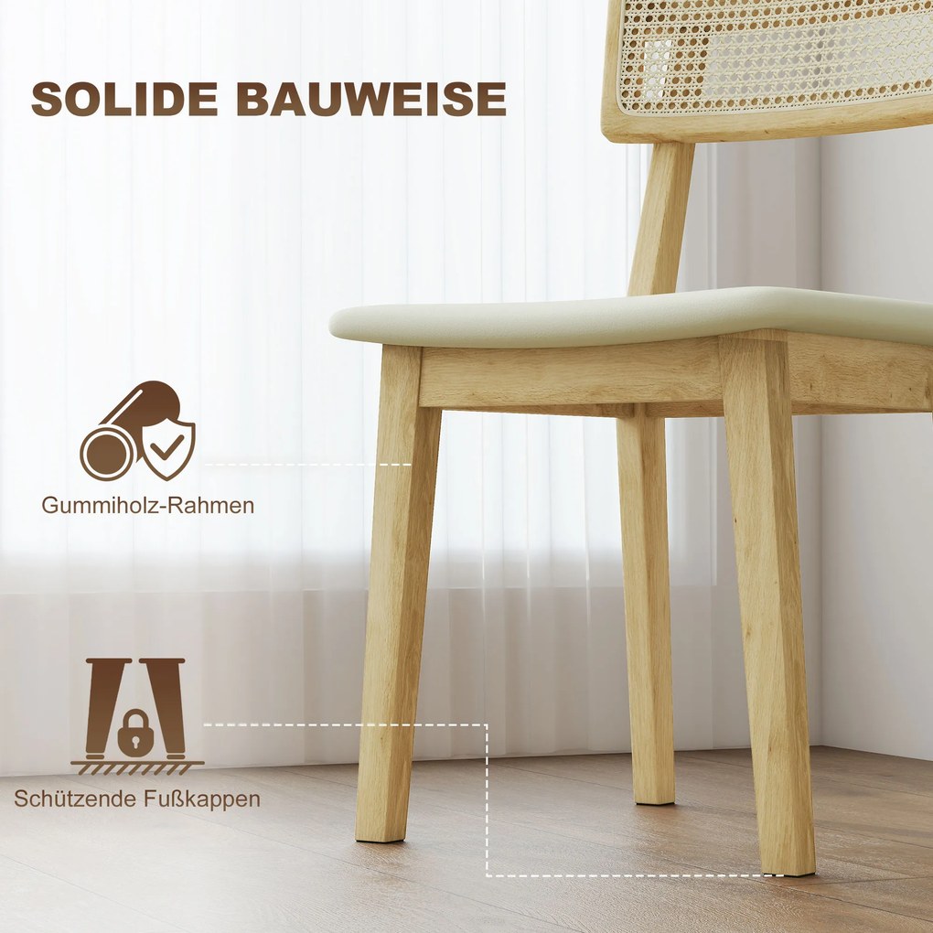 HOMCOM Καρέκλα Τραπεζαρίας, Πλάτη από Ψάθα, Κάθισμα από Τεχνητό Δέρμα, Ξύλο Καουτσούκ, Φυσικό Ξύλο