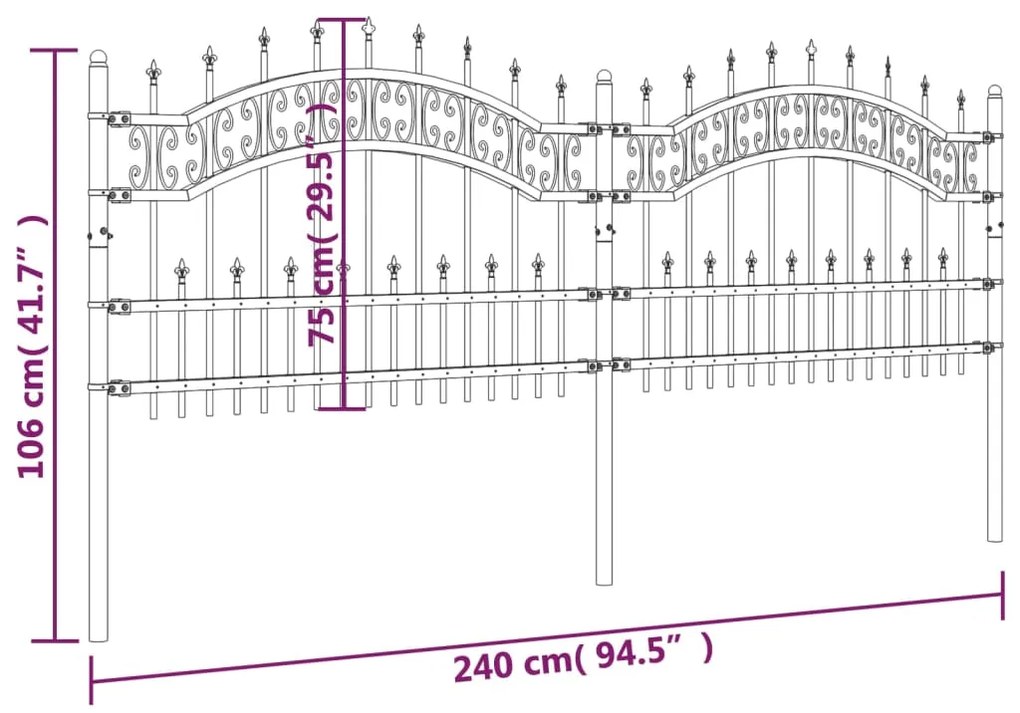 vidaXL Φράχτης με Ακίδες Μαύρος 115 εκ. Ατσάλι Ηλεκτροστ. Βαφή Πούδρας