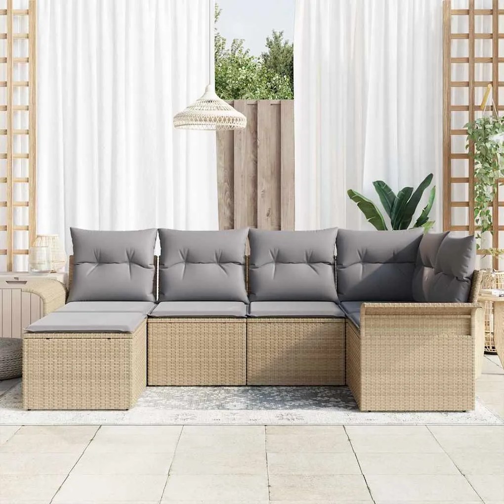 vidaXL Σετ Καναπέ Κήπου με μαξιλάρι 6 pcs Μπεζ Πολυ ράταν