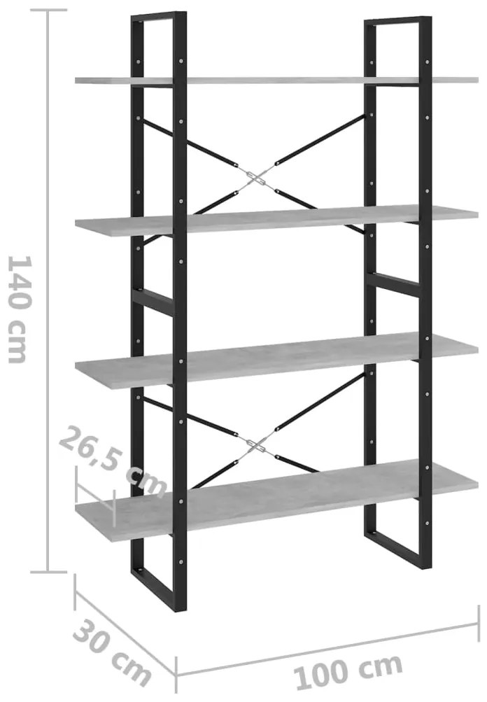 vidaXL Βιβλιοθήκη με 4 Ράφια Γκρι Σκυροδέμ. 100x30x140 εκ. Επεξ. Ξύλο