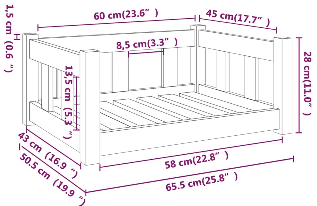 vidaXL Κρεβάτι Σκύλου 65,5 x 50,5 x 28 εκ. από Μασίφ Ξύλο Πεύκου