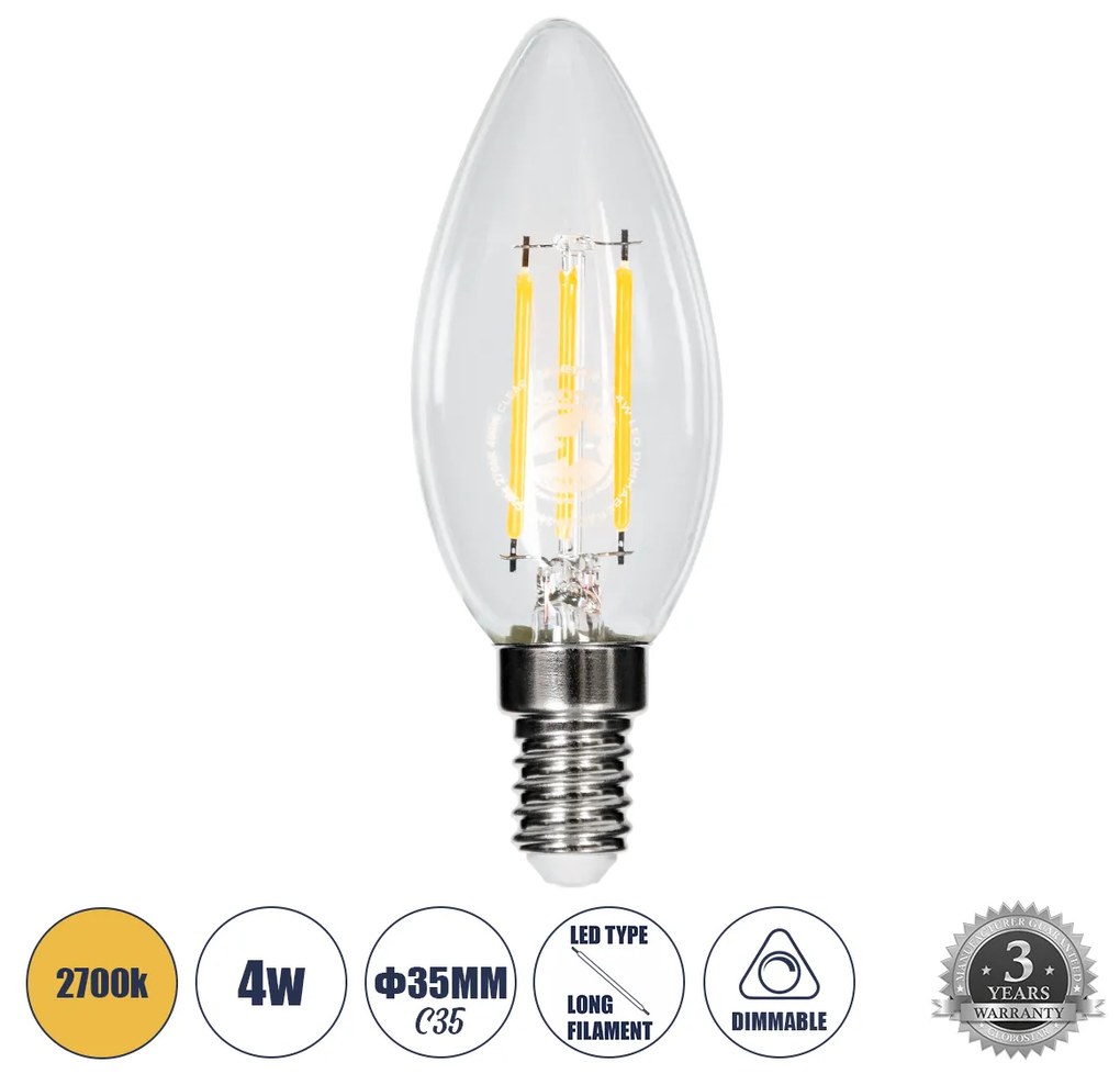 GloboStar 99001 Λάμπα LED Long Filament E14 C35 Κεράκι 4W 400lm 360° AC 220-240V IP20 Φ3.5 x Υ10.5cm Θερμό Λευκό 2700K με Διάφανο Γυαλί Dimmable - 3 Χρόνια Εγγύηση - 99001