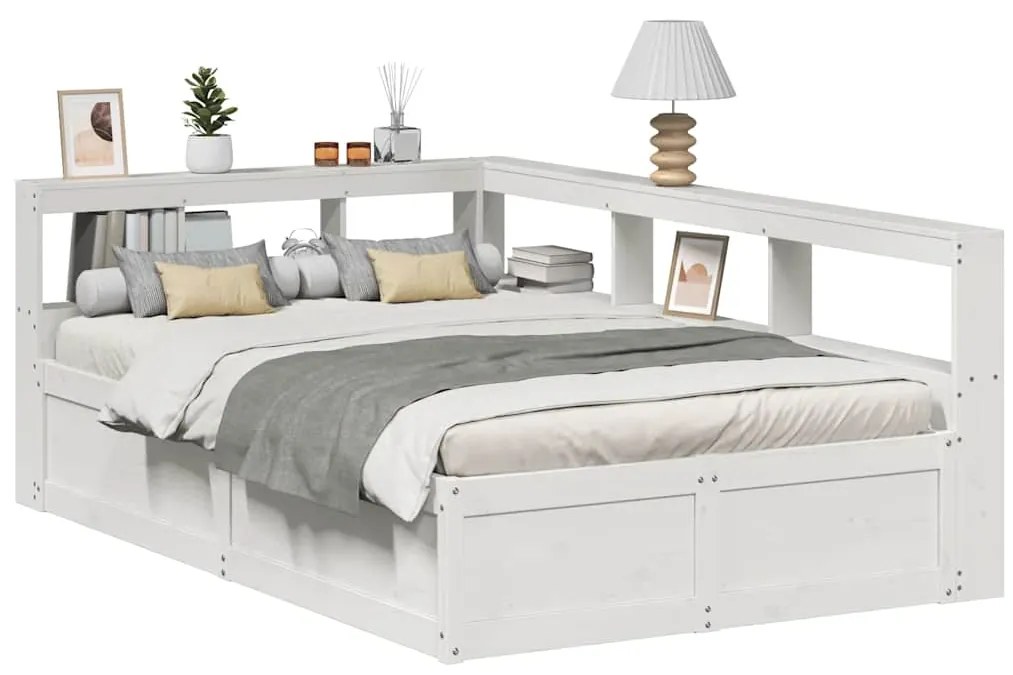 Κρεβάτι Βιβλιοθήκη Χωρίς Στρώμα Λευκό 135x190 εκ Μασίφ Πεύκο