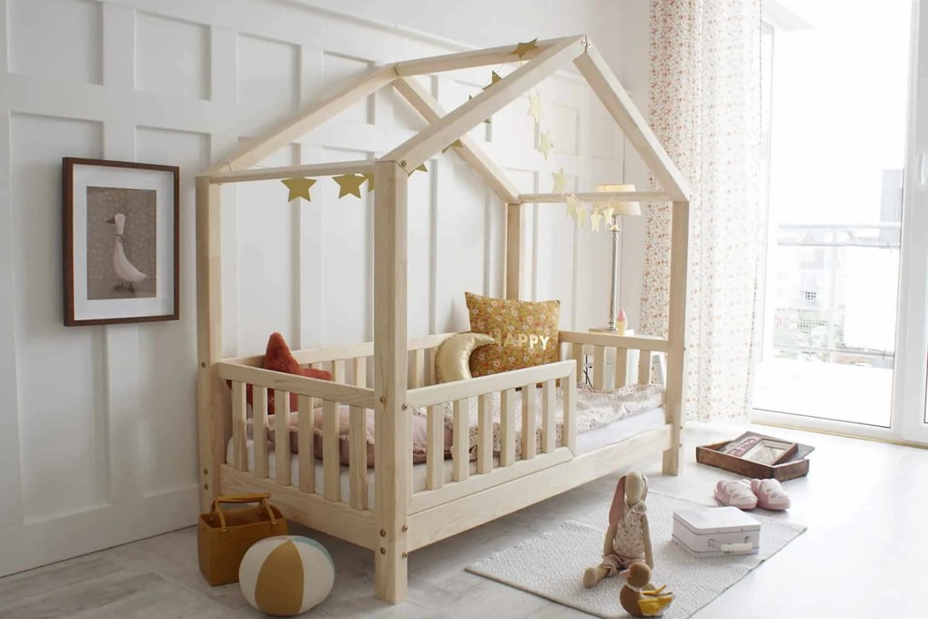 Κρεβάτι Παιδικό Montessori House Bed με κάγκελα 30cm σε Φυσικό  Ξύλο  90×200cm  Luletto (Δώρο 10% έκπτωση στο Στρώμα)