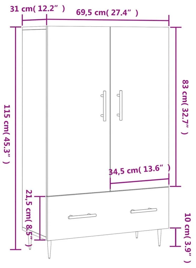 Ντουλάπα Λευκή 69,5 x 31 x 115 εκ. από Επεξεργασμένο Ξύλο - Λευκό