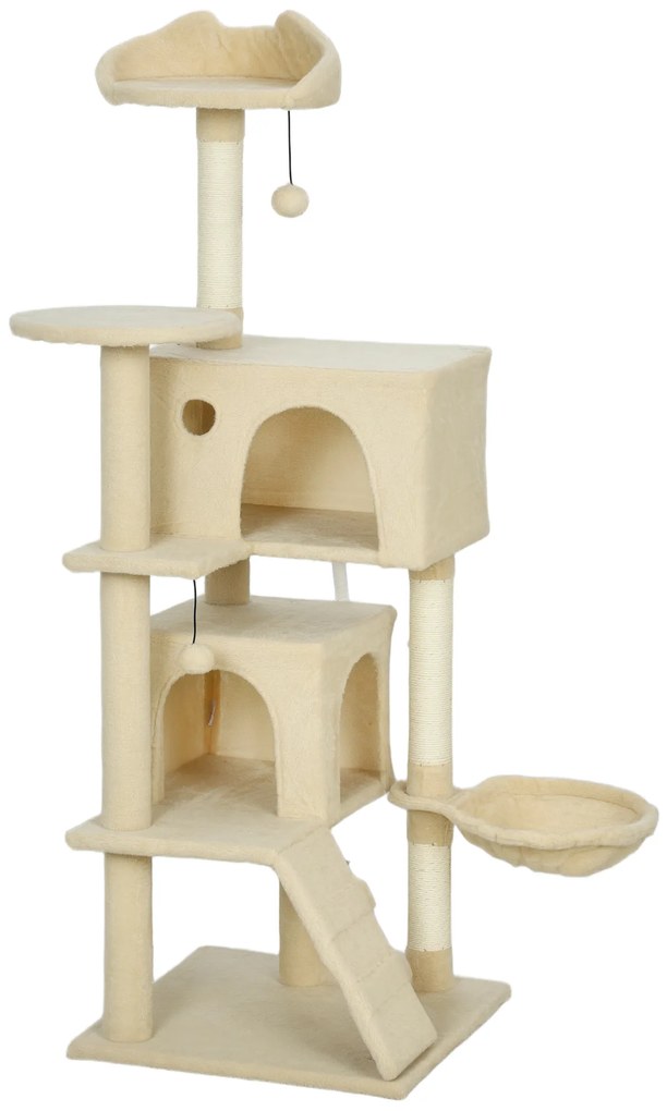 Δέντρο για γάτες 140 εκ. Πύργος για γάτες με αιώρα, σκάλα, σπηλιά, 2 μπάλες από βελούδο, στύλοι από σιζάλ, 48 x 48 x 140 εκ., Μπεζ