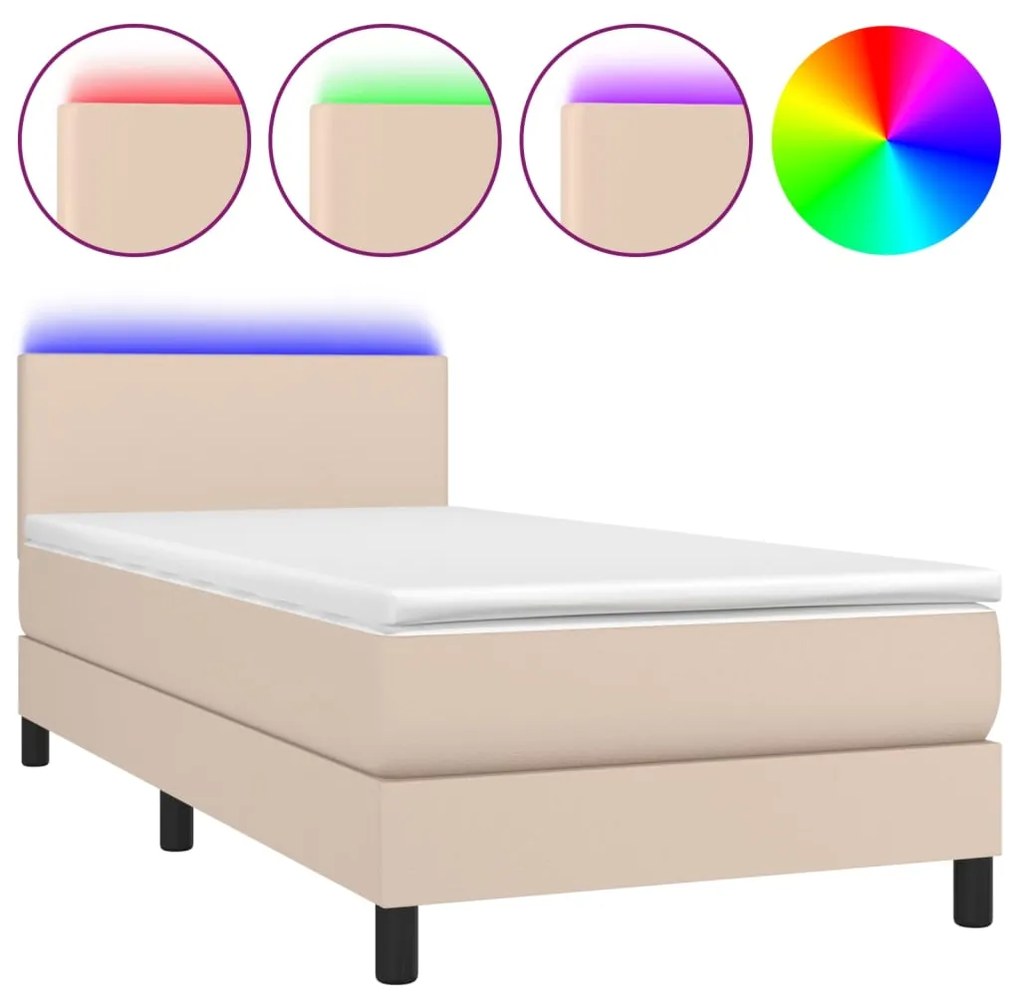 vidaXL Κρεβάτι Boxspring Στρώμα&LED Καπουτσίνο 90x190 εκ. Συνθ. Δέρμα