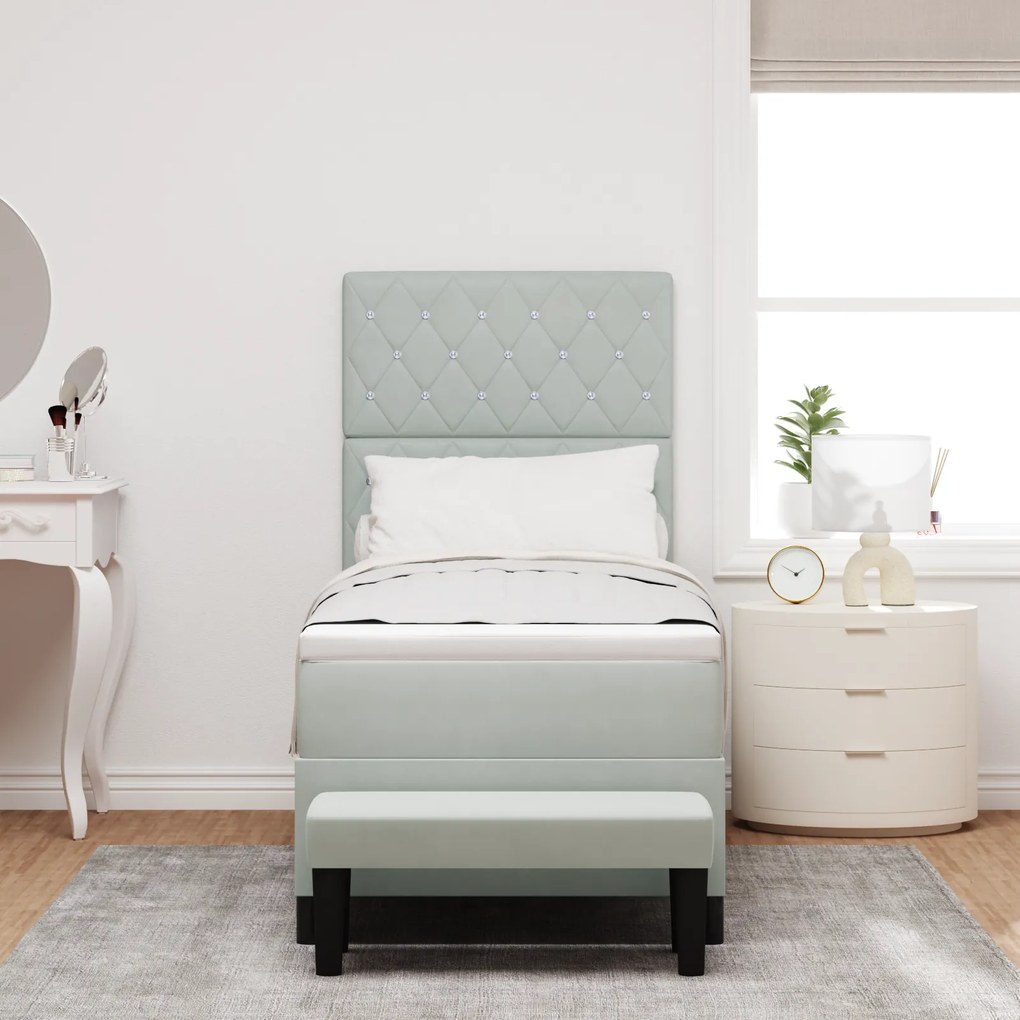 vidaXL Κρεβάτι Box Spring με Στρώμα & Παγκάκι Ανοιχτό Γκρι 80x200 εκ Βελούδο