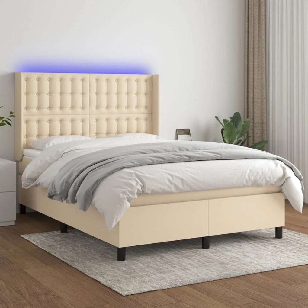 vidaXL Κρεβάτι Boxspring με Στρώμα & LED Κρεμ 140x200 εκ. Υφασμάτινο