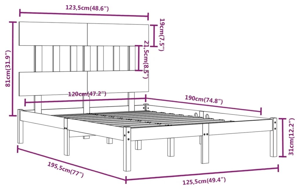 Πλαίσιο Κρεβατιού Μαύρο 120 x 190 εκ. Μασίφ Ξύλο Small Double - Μαύρο