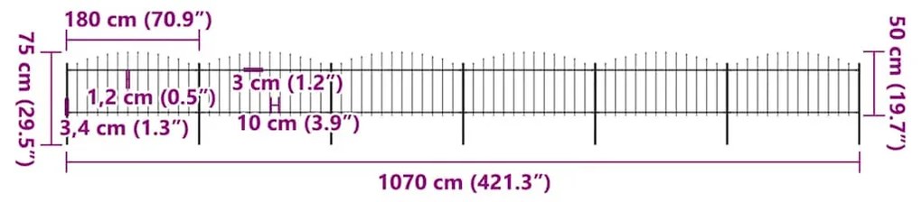 vidaXL Φράχτης Κήπου με Κορυφή Δόρυ από Ατσάλι, Μαύρος 1070x75 εκ.