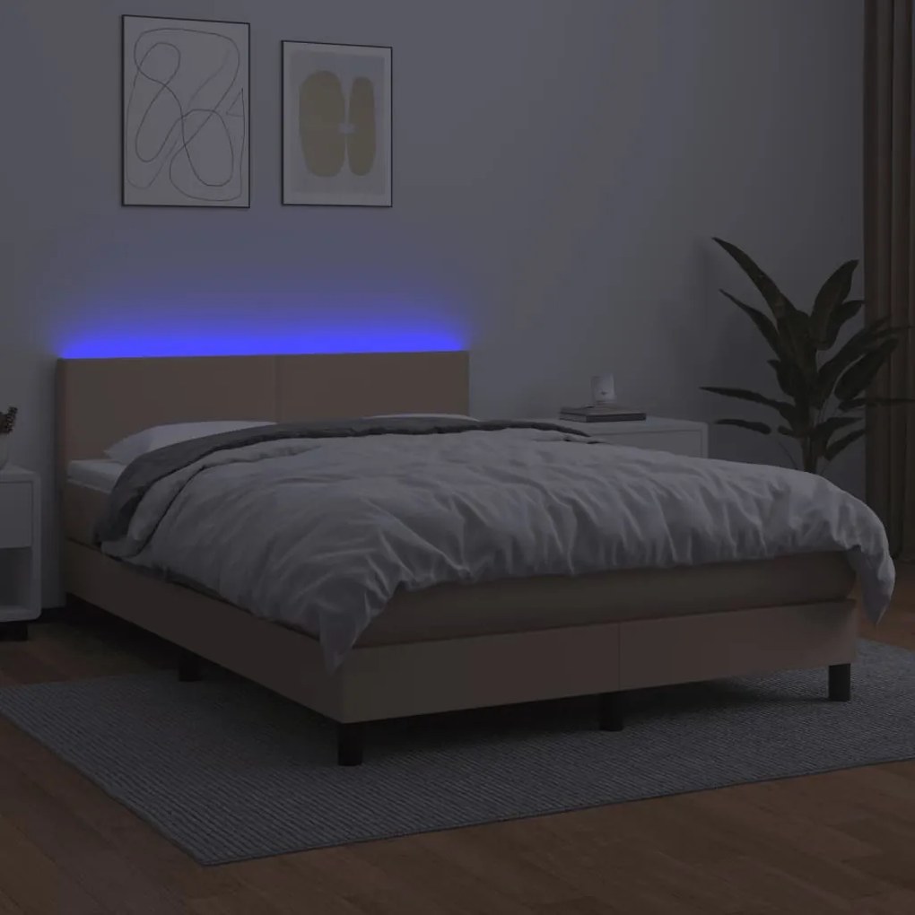 vidaXL Κρεβάτι Boxspring Στρώμα&LED Καπουτσίνο 140x190 εκ. Συνθ. Δέρμα